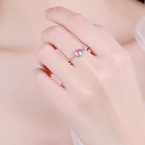 Pink Love Heart Premium Zircon 925 Sterling Silver Cross Band Rings - Picture 3 of 15